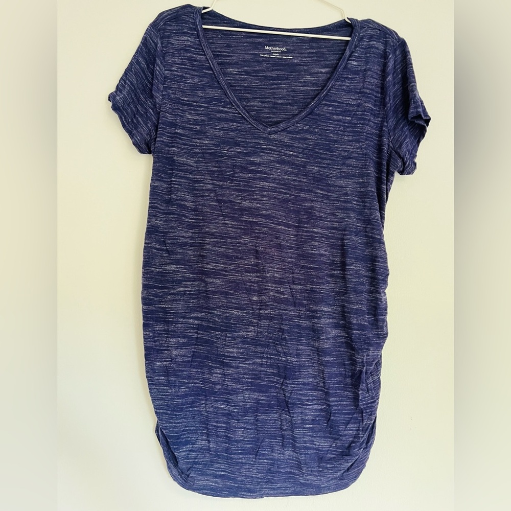 Motherhood Maternity Large V-Neck Side Ruched Short Sleeve Tee Navy Spacedye